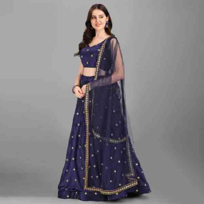 Navy Blue Embroidered Semi-Stitched Lehenga Choli Set With Dupatta