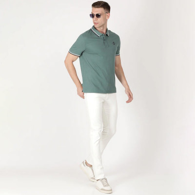 Men White Solid Cotton Slim Fit Jeans