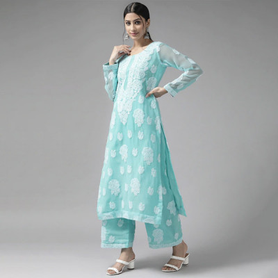 Blue Embroidered Handloom Unstitched Dress Material